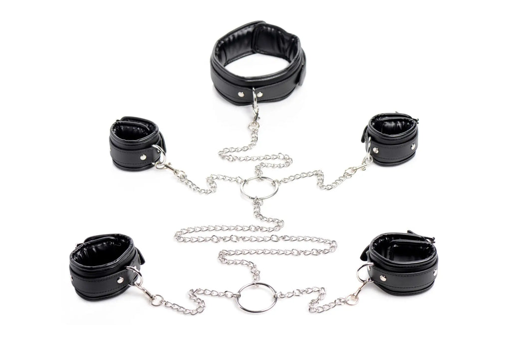 Black leather bondage shackle set with silver chains and rings for strict slave restraints and secure use