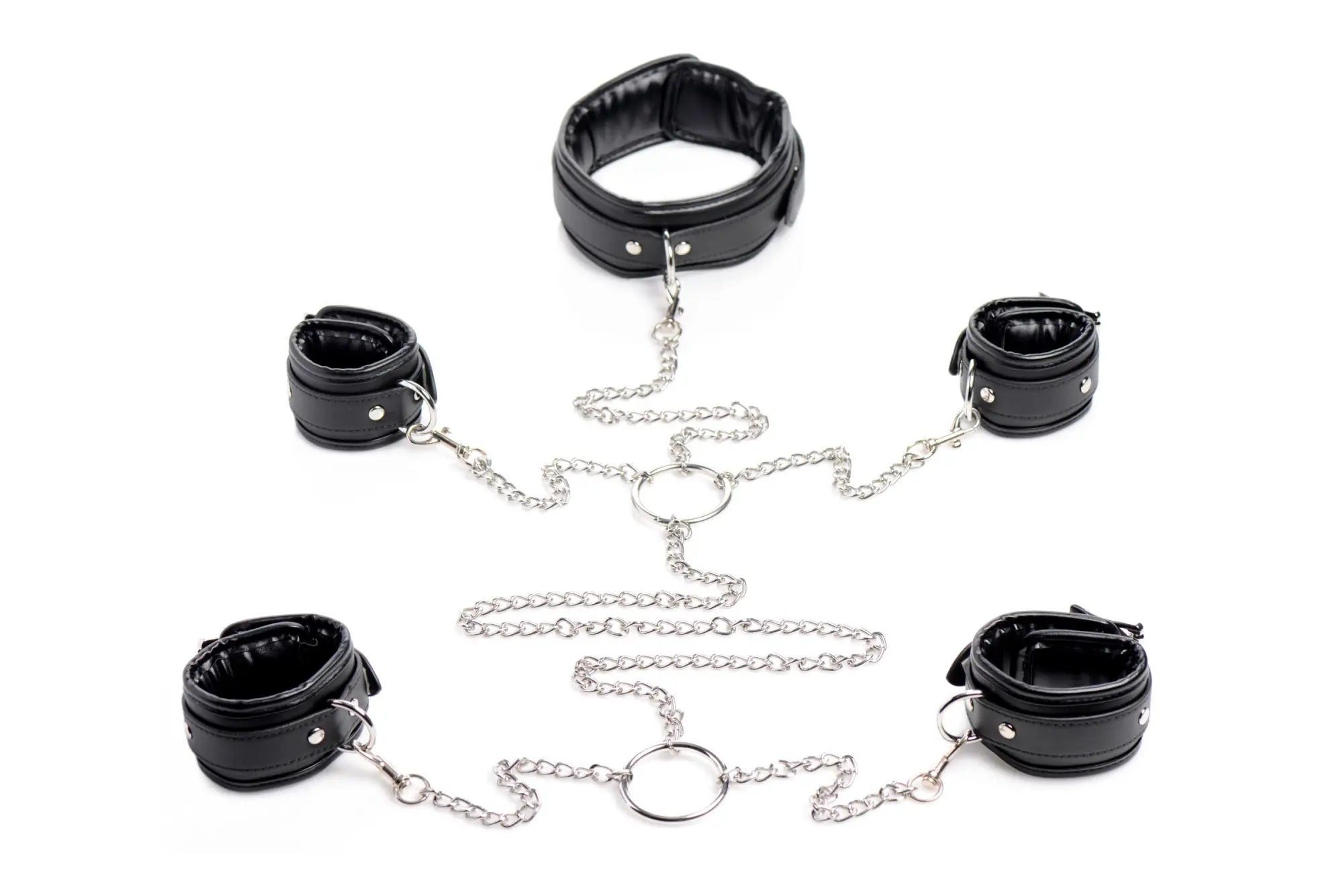 Black leather bondage shackle set with silver chains and rings for strict slave restraints and secure use