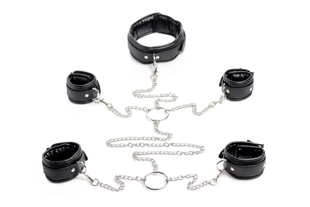 Black leather bondage shackle set with silver chains and rings for strict slave restraints and secure use