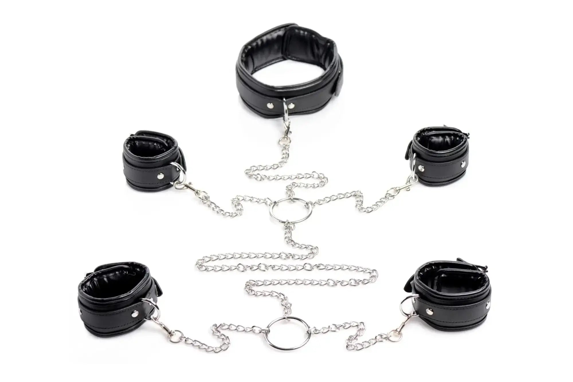 Black leather bondage shackle set with silver chains and rings for strict slave restraints and secure use