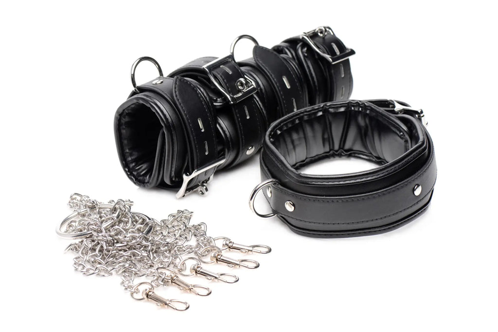 Black leather strict slave bondage shackle set with wrist cuff and neck collar featuring silver metal hardware