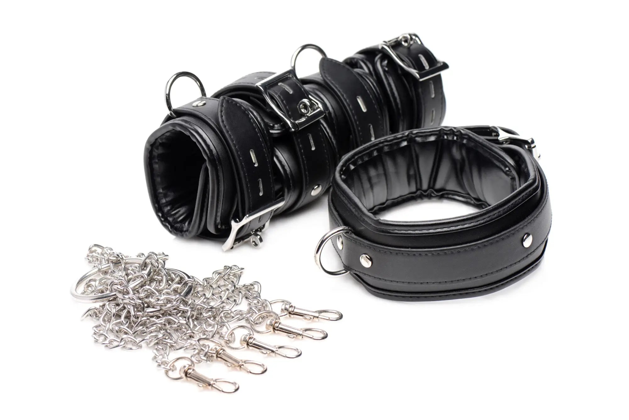 Black leather strict slave bondage shackle set with wrist cuff and neck collar featuring silver metal hardware