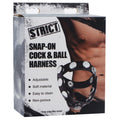 Black snap-on cock and ball harness with silver studs made of leather for secure wear and strict fit