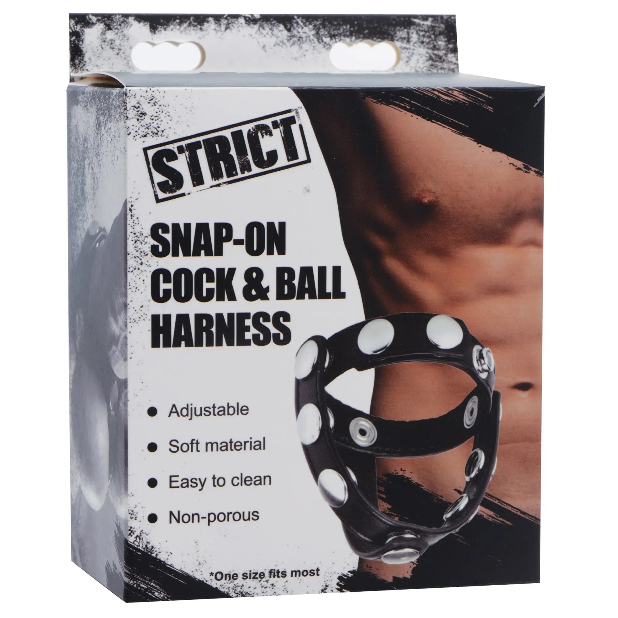 Black snap-on cock and ball harness with silver studs made of leather for secure wear and strict fit
