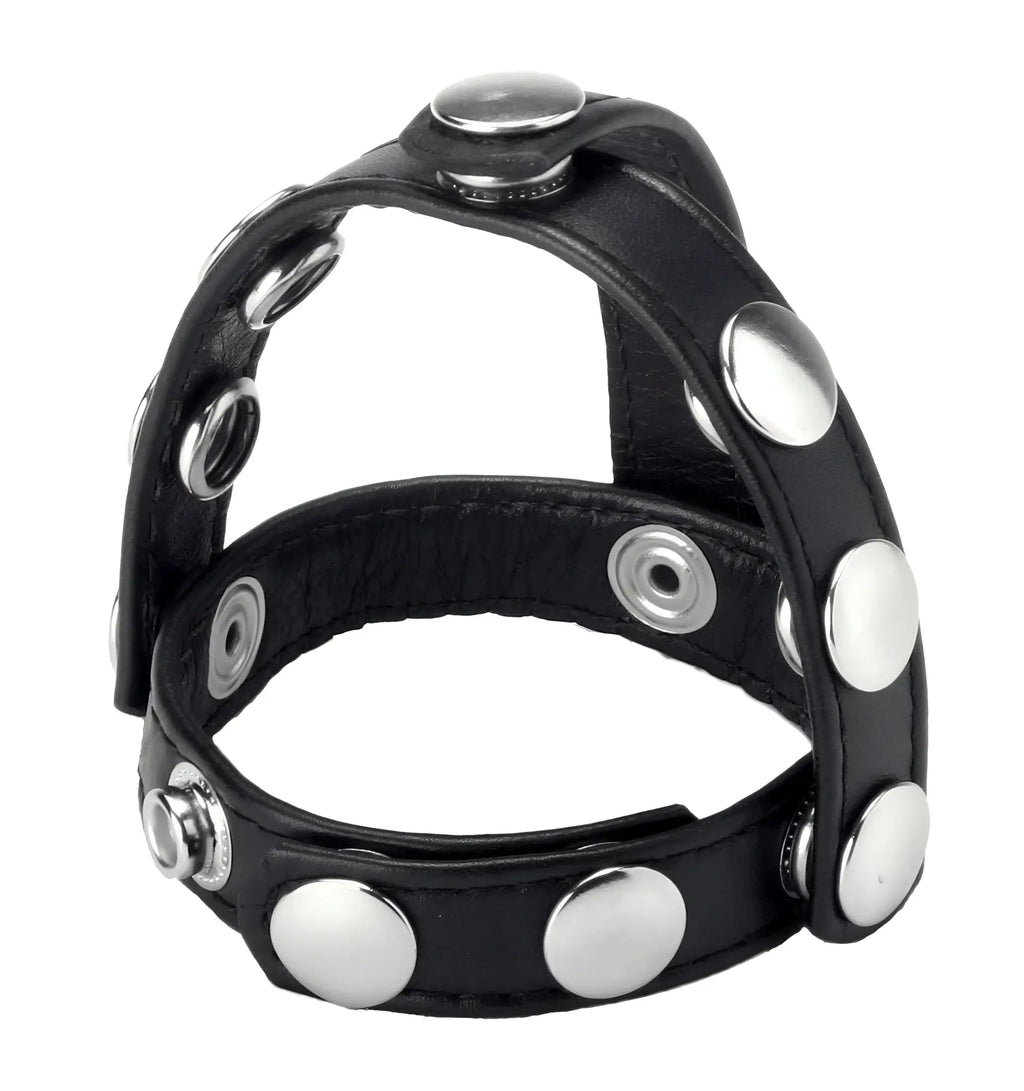 Black leather strict snap-on cock and ball harness with silver-toned studs and snap closure for secure fit