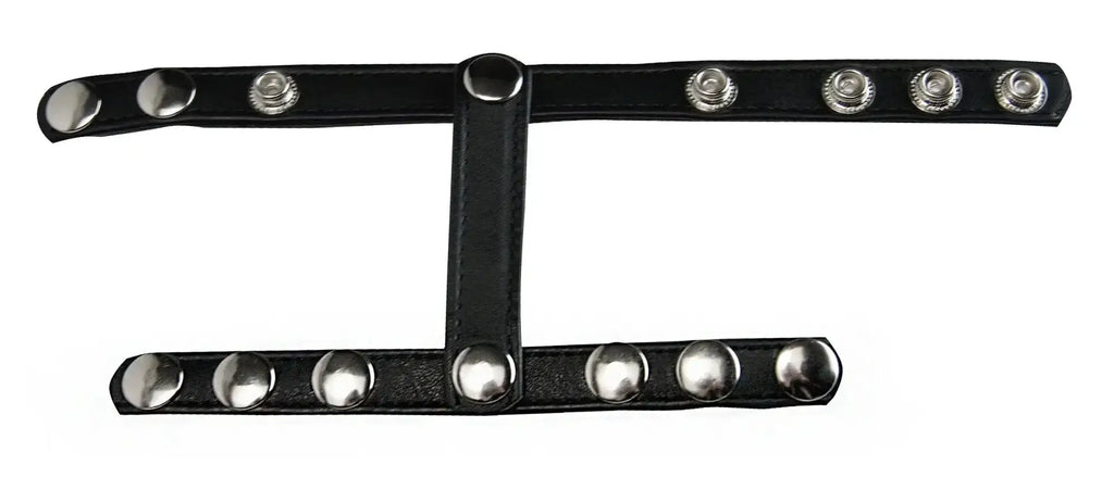 Black leather strict snap-on cock and ball harness with silver toned studs and central clasp