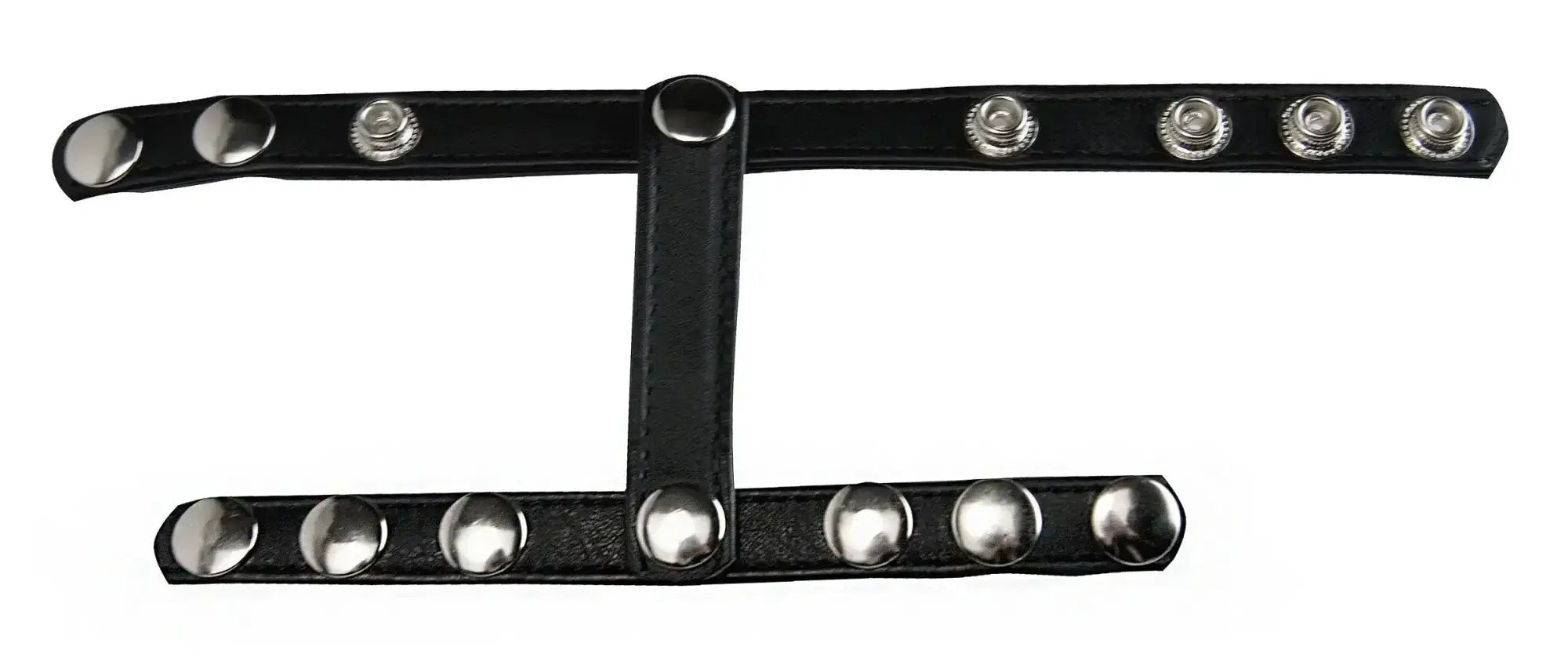 Black leather strict snap-on cock and ball harness with silver toned studs and central clasp