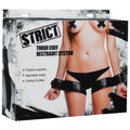 Black leather strict thigh cuff restraint system with adjustable straps and locking buckles for secure restraint