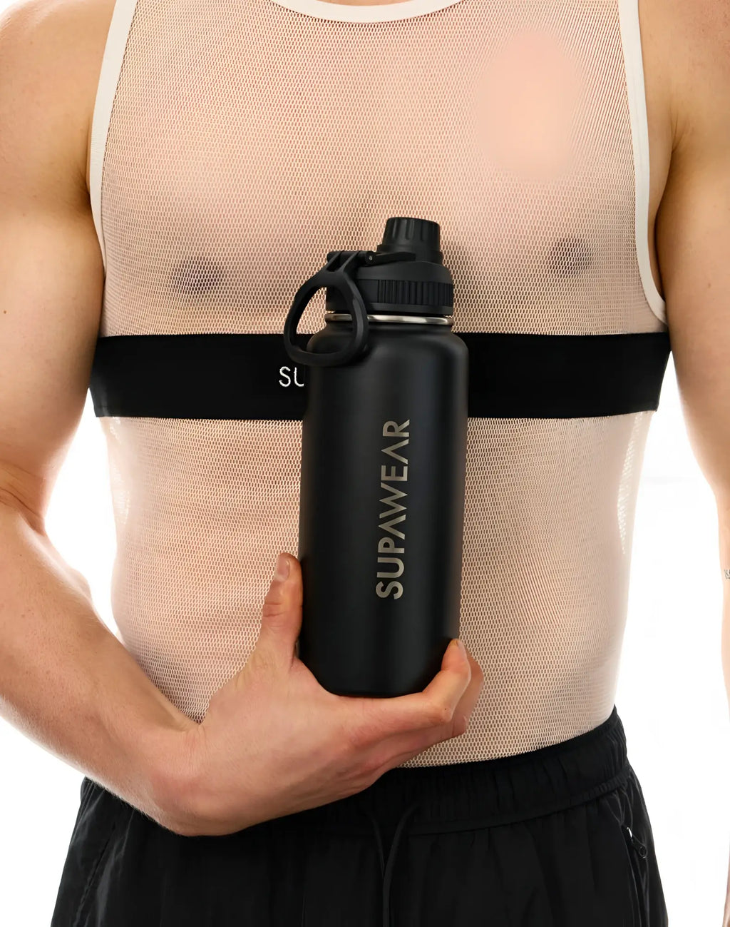 Black supawear 1l water bottle with matte finish and black screw-on lid with integrated carrying loop
