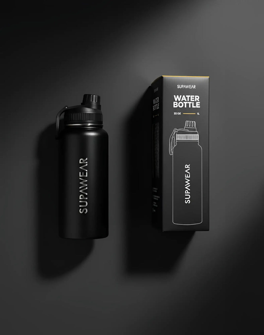 SupaWear 1L black water bottle with matte finish and black screw-on lid featuring integrated carrying loop