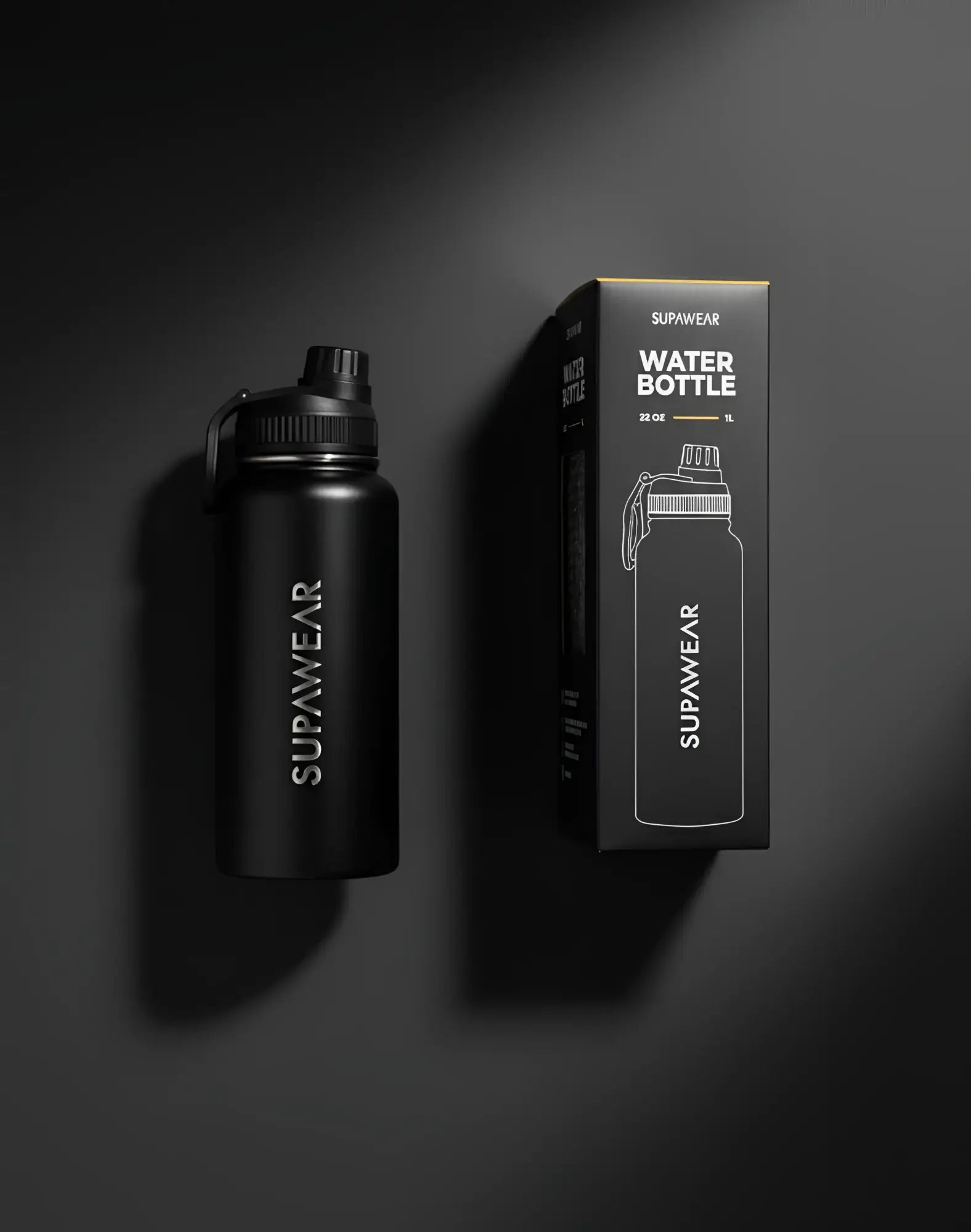 SupaWear 1L black water bottle with matte finish and black screw-on lid featuring integrated carrying loop