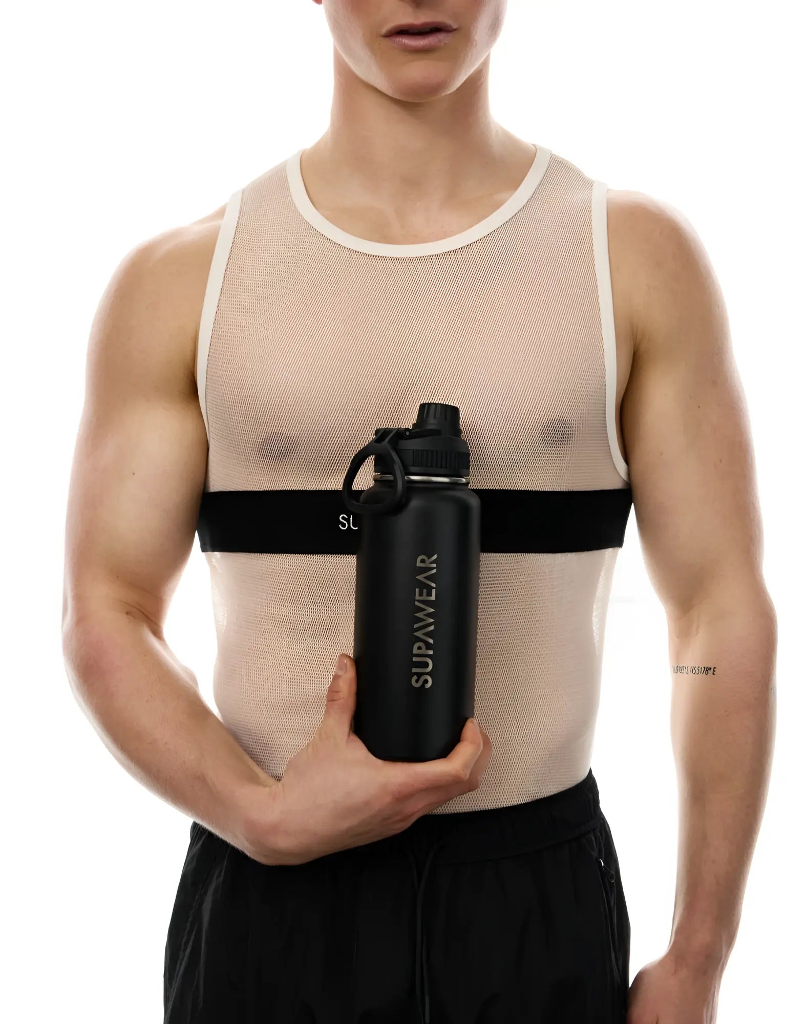 Black supawear 1l water bottle with screw-on lid and carrying strap designed for hydration on the go
