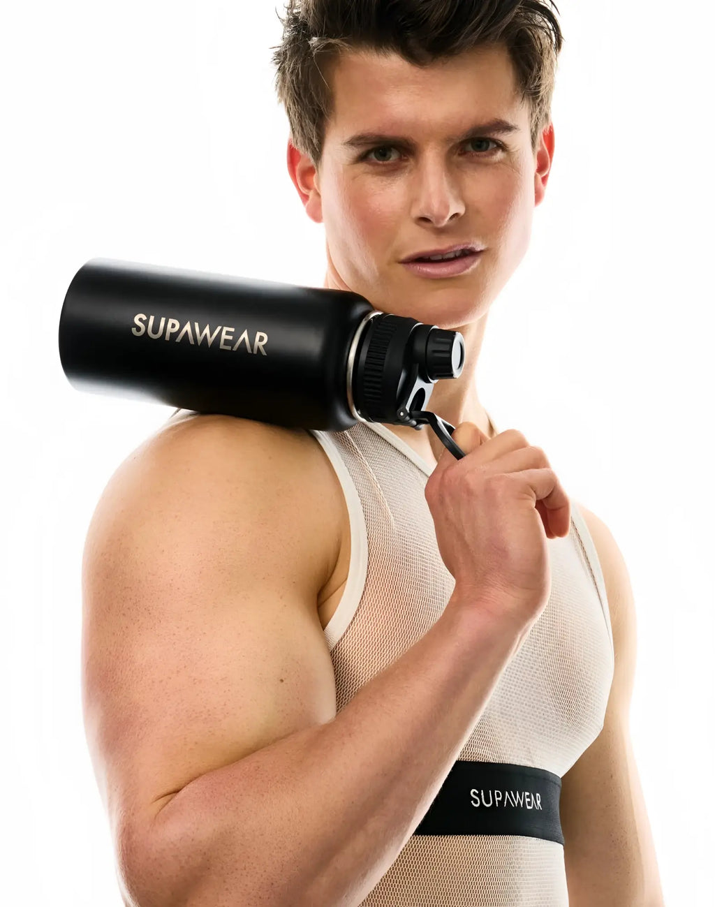 SupaWear 1L black water bottle with screw-on cap and carrying strap made of durable BPA-free material