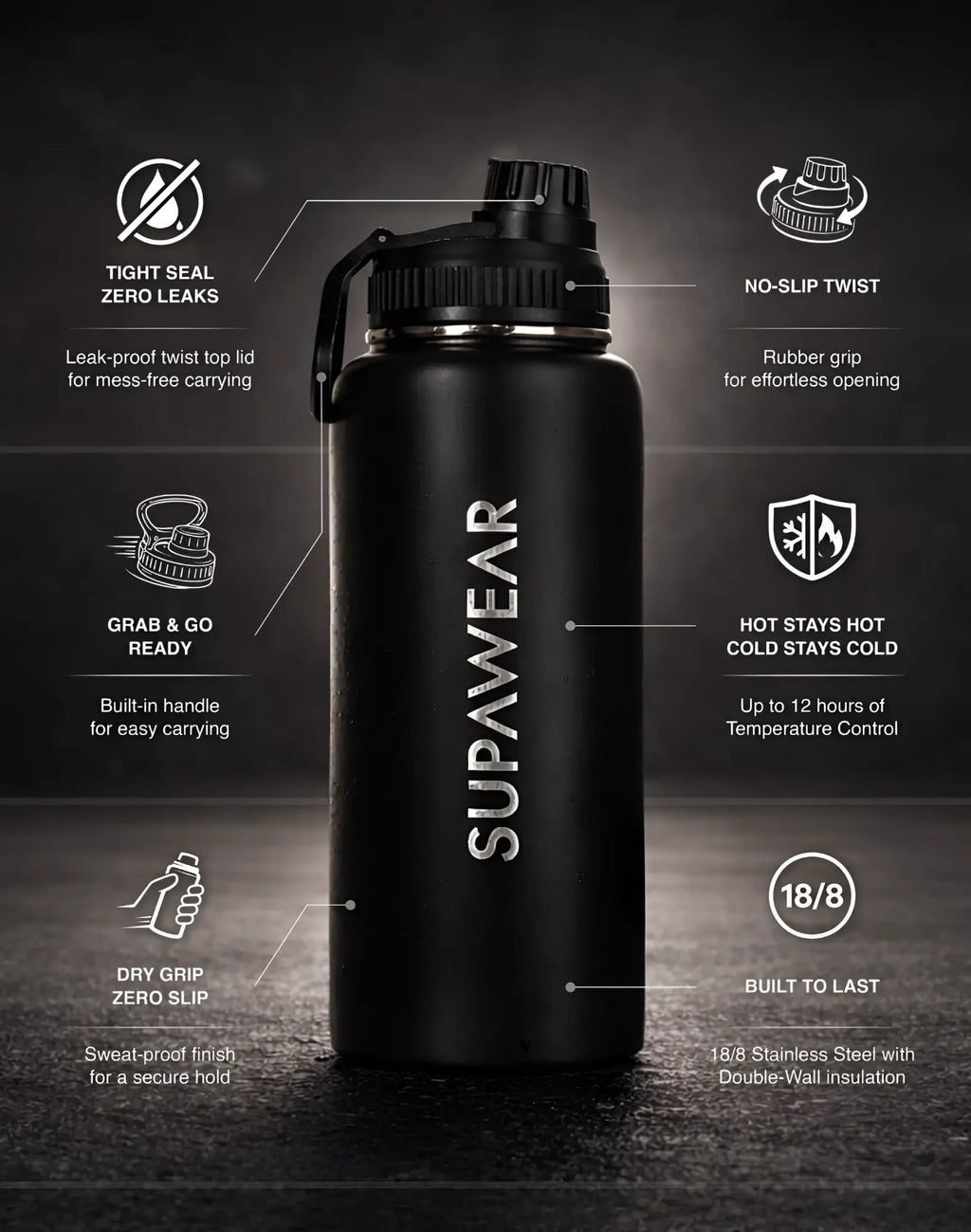 Supawear 1l black water bottle with sleek matte finish and twist-top lid featuring a rubber grip for secure use