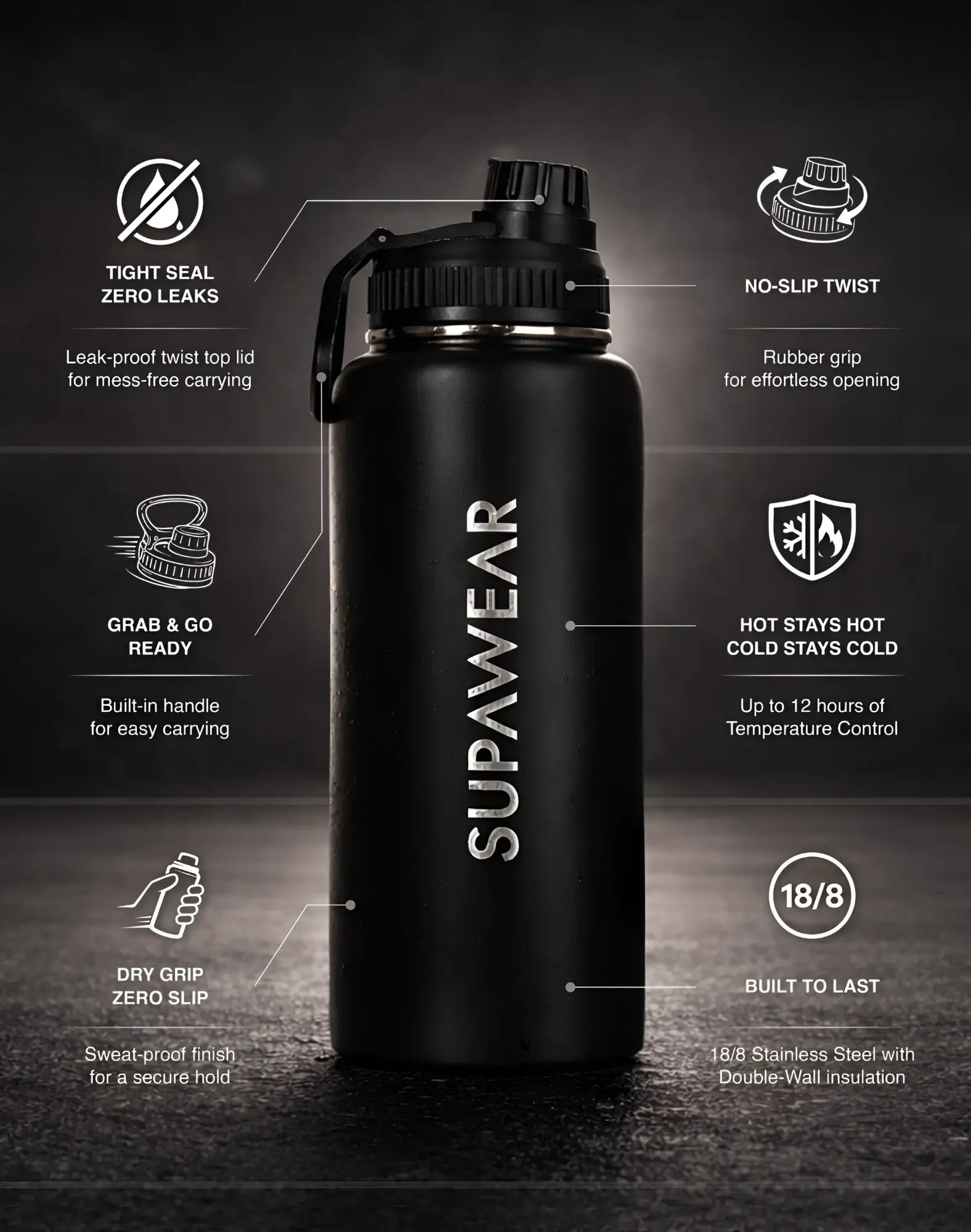 Supawear 1l black water bottle with sleek matte finish and twist-top lid featuring a rubber grip for secure use
