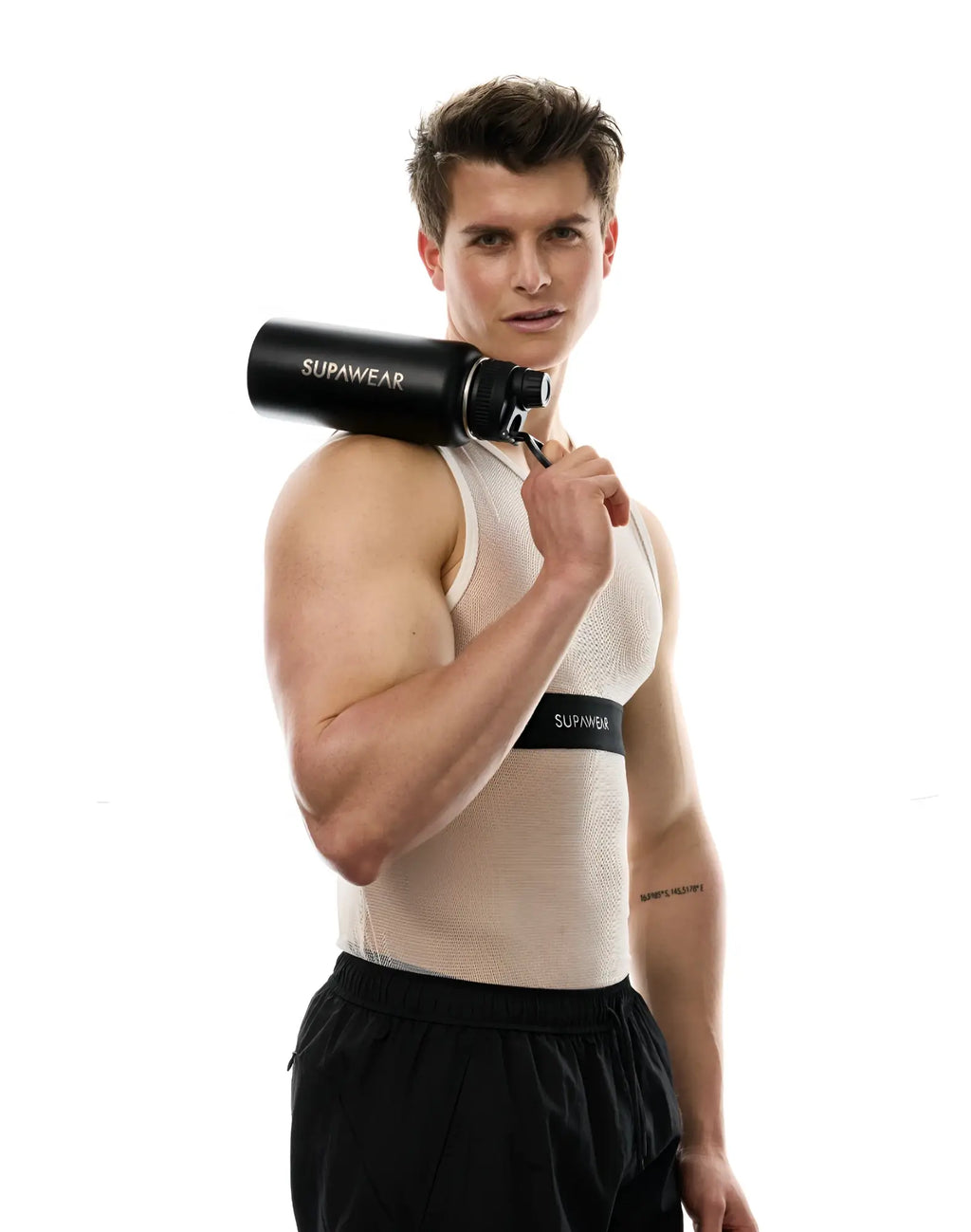 Black supawear 1l water bottle with sleek matte finish and black screw-on cap for daily hydration use
