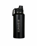 SupaWear 1L black water bottle with textured screw-on lid and integrated carrying loop for easy portability