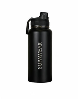 SupaWear 1L black water bottle with textured screw-on lid and integrated carrying loop for easy portability