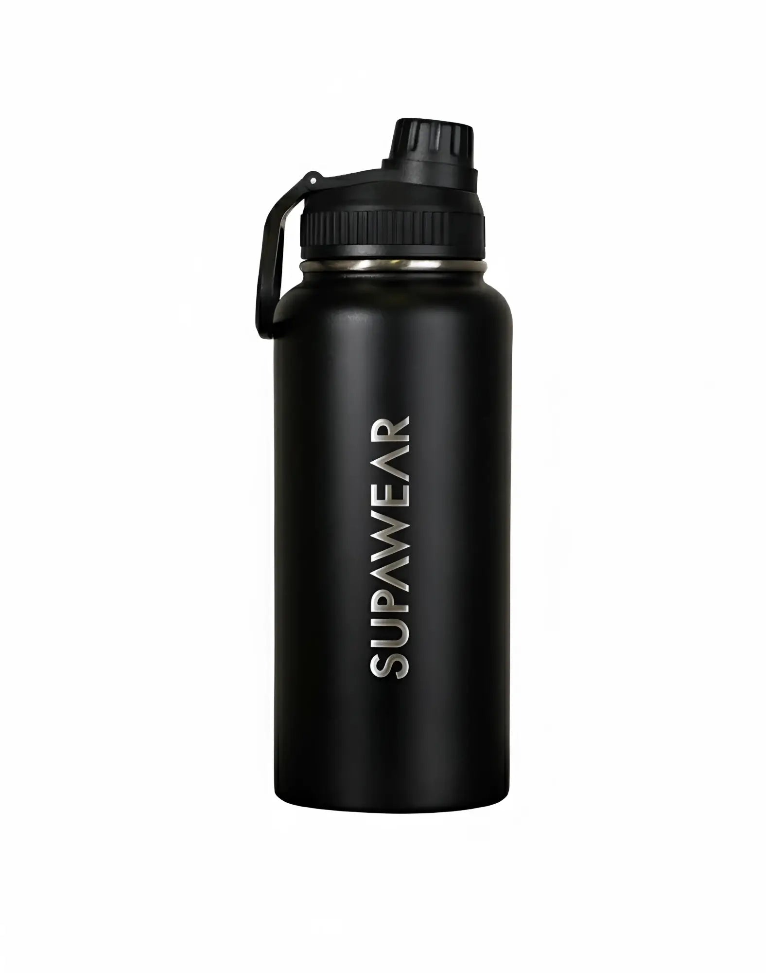 SupaWear 1L black water bottle with textured screw-on lid and integrated carrying loop for easy portability