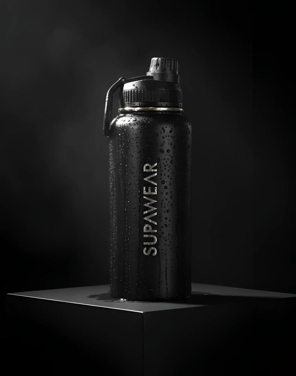 Black Supawear 1L water bottle with textured matte finish and silver logo for durable everyday hydration
