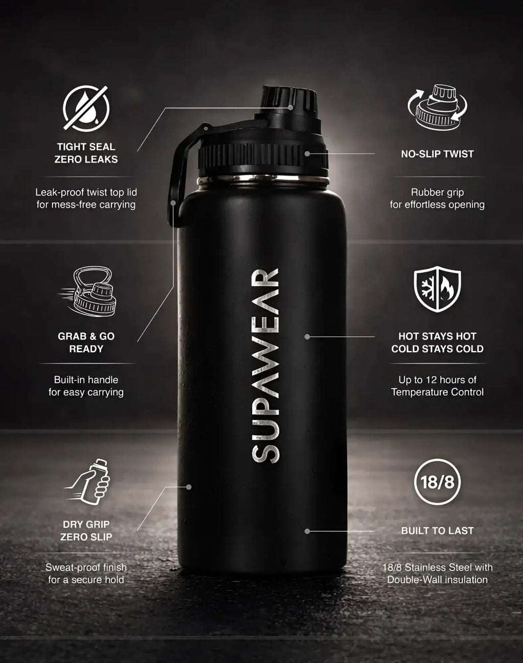 Supawear 1l black water bottle with sleek matte finish and twist-top lid featuring a rubber grip for secure use