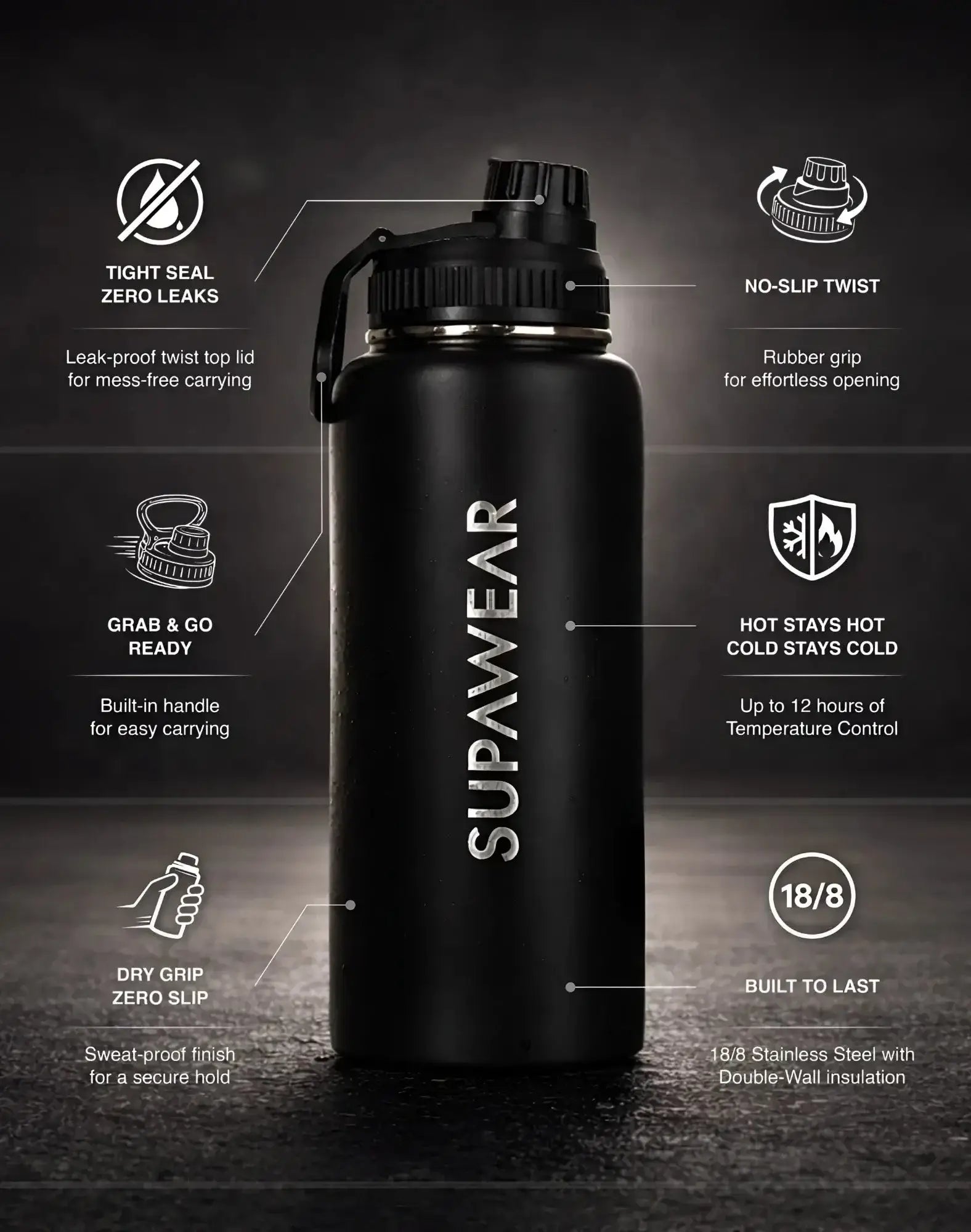 Supawear 1l black water bottle with sleek matte finish and twist-top lid featuring a rubber grip for secure use