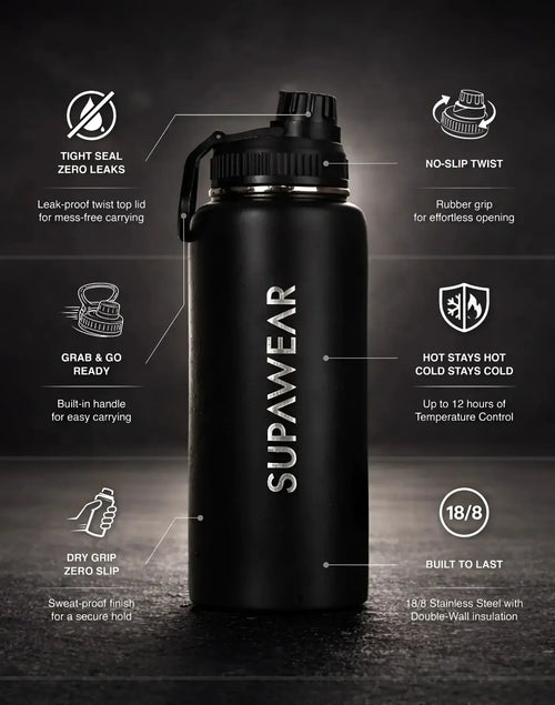 Supawear 1l black water bottle with sleek matte finish and twist-top lid featuring a rubber grip for secure use