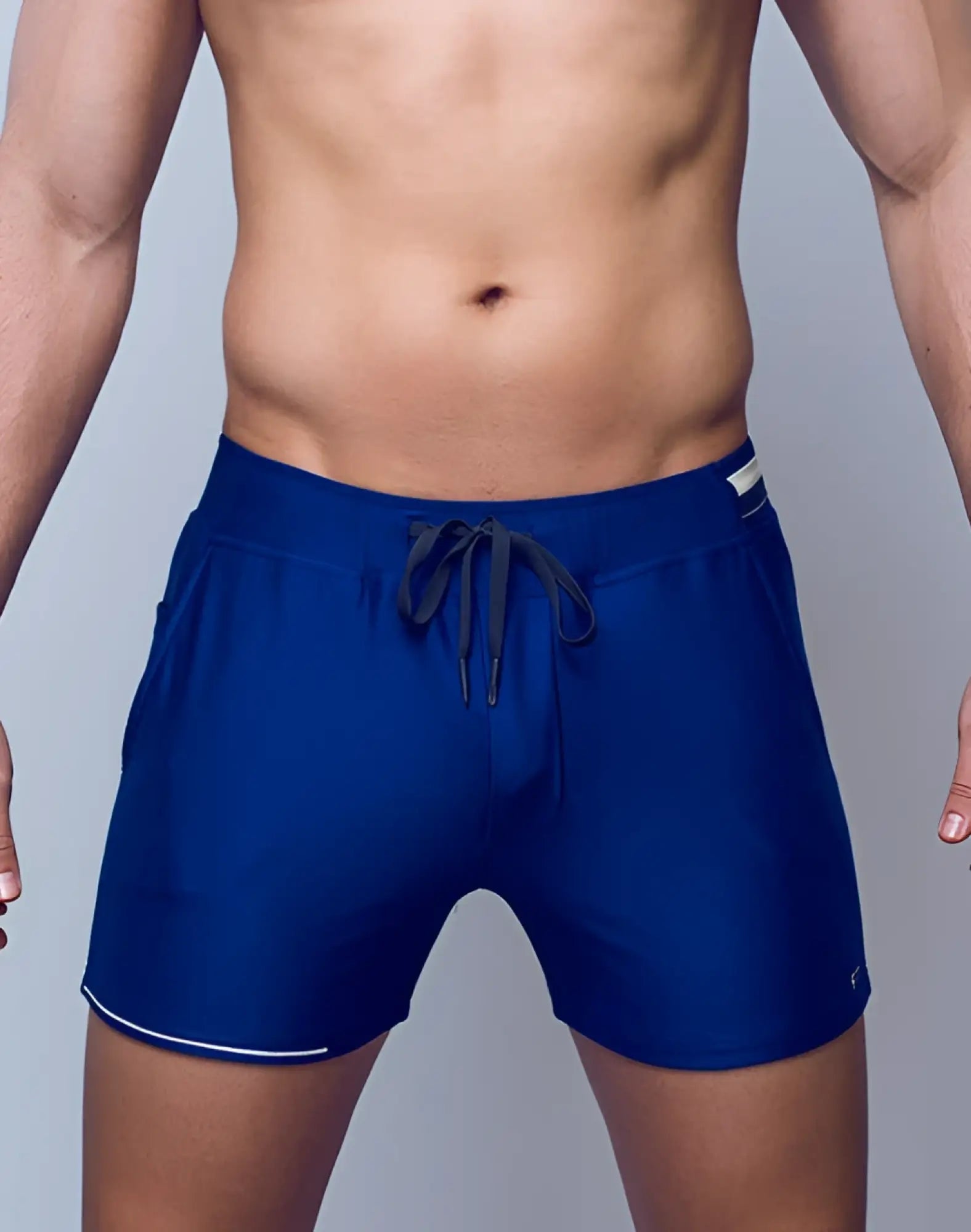 SupaWear 4 inch full lined mesh shorts in limoges blue with textured fabric white trim and dark gray drawstrings
