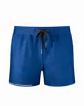SupaWear 4 inch full lined mesh swim shorts in royal blue with dark gray drawstring and white hem trim