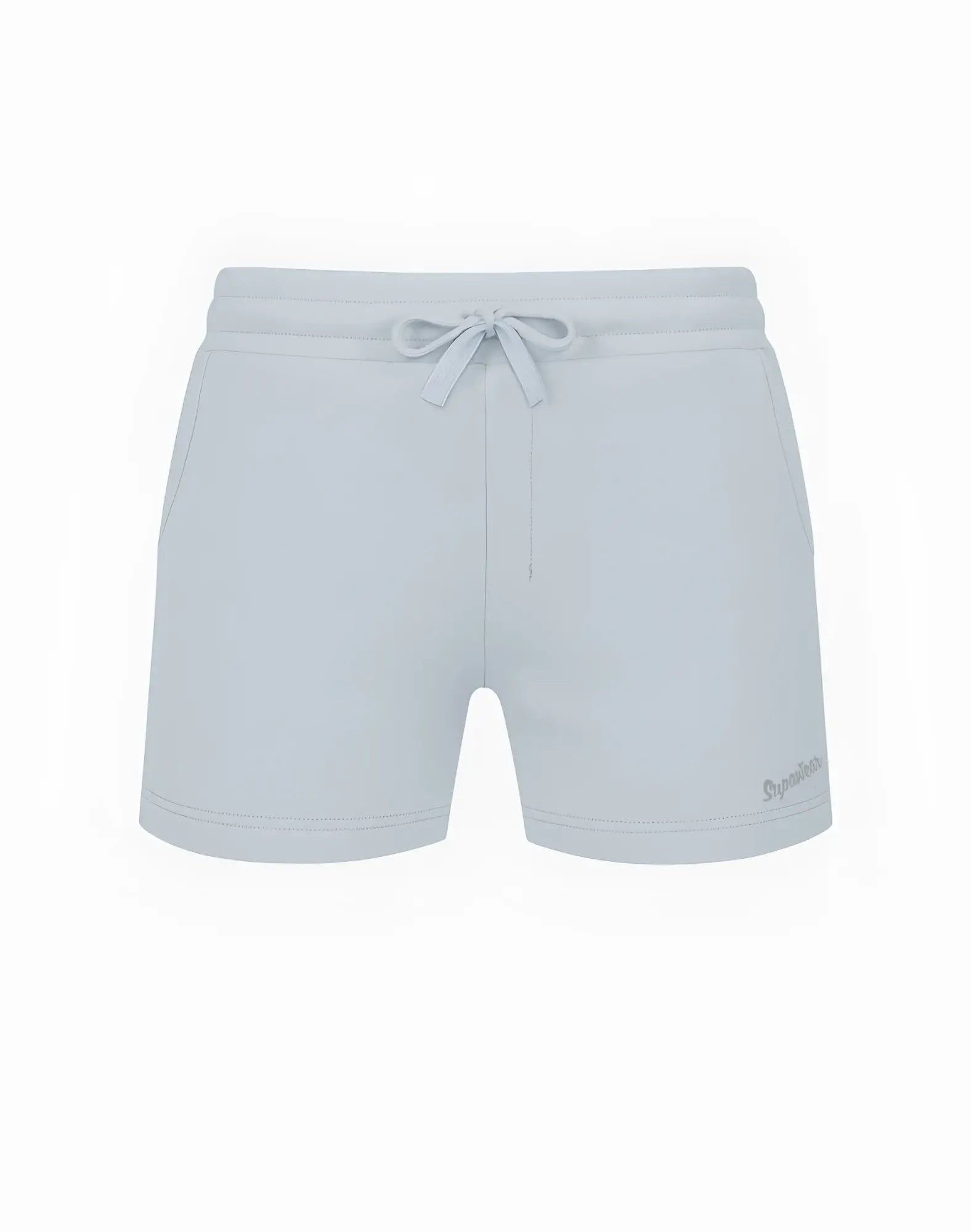 Light blue soft jersey shorts by SUPAWEAR with matching drawstring waistband and subtle brand logo on the lower leg