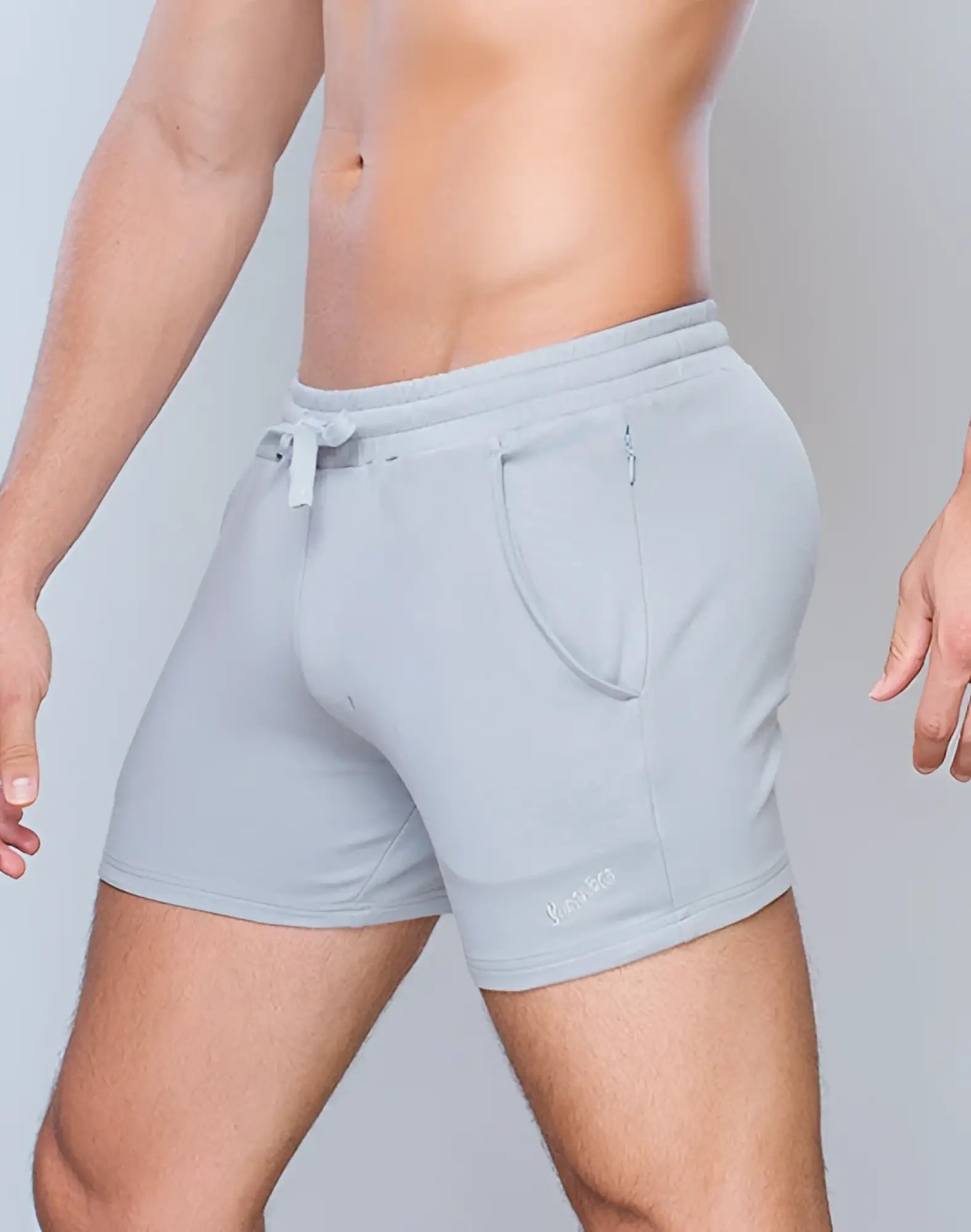 SupaWear 4 inch grey white jersey shorts with drawstring waistband side pockets and subtle lower leg branding