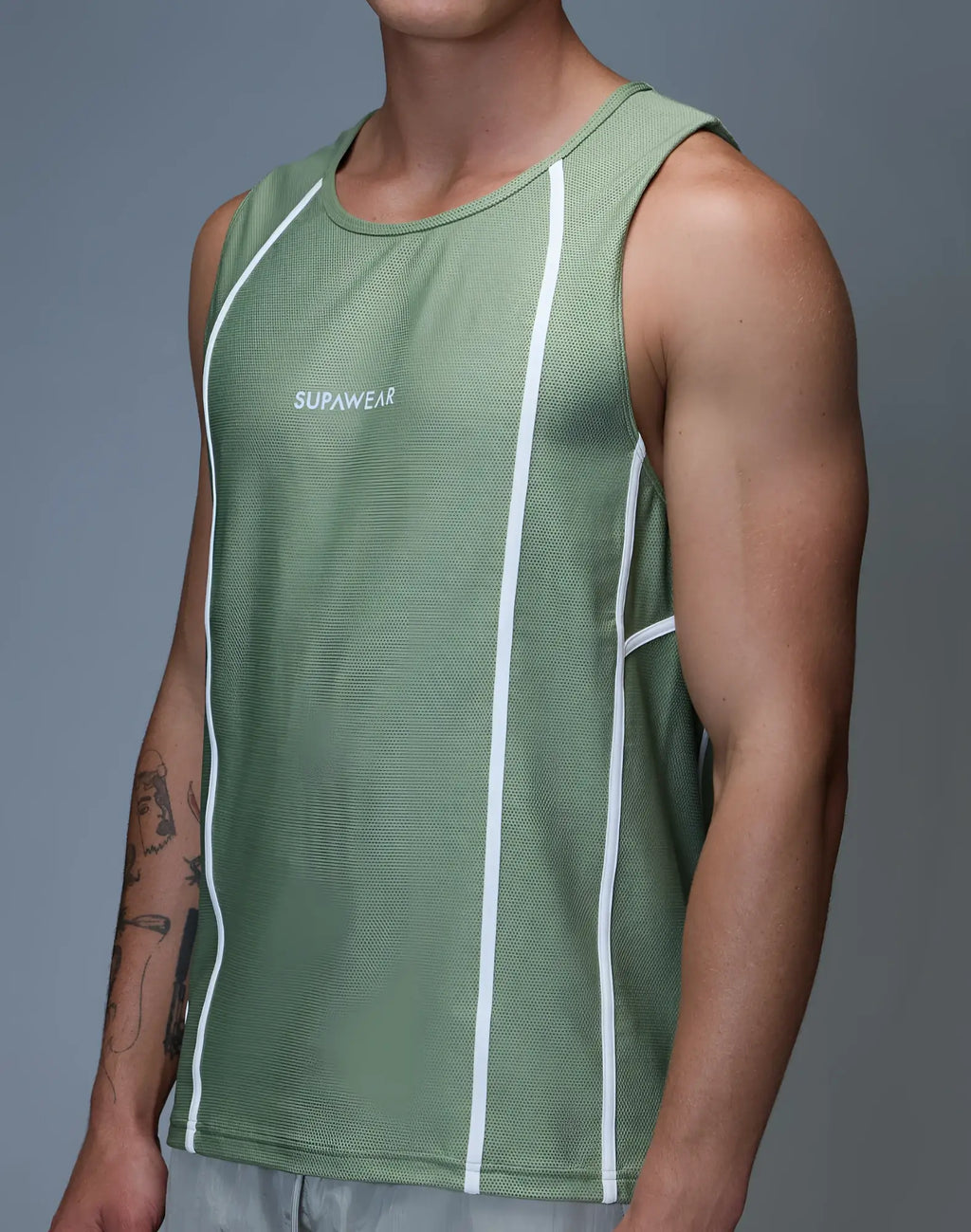 Olive green mesh SUPAWEAR Airflow singlet tank top with white vertical stripes and breathable fabric for active use