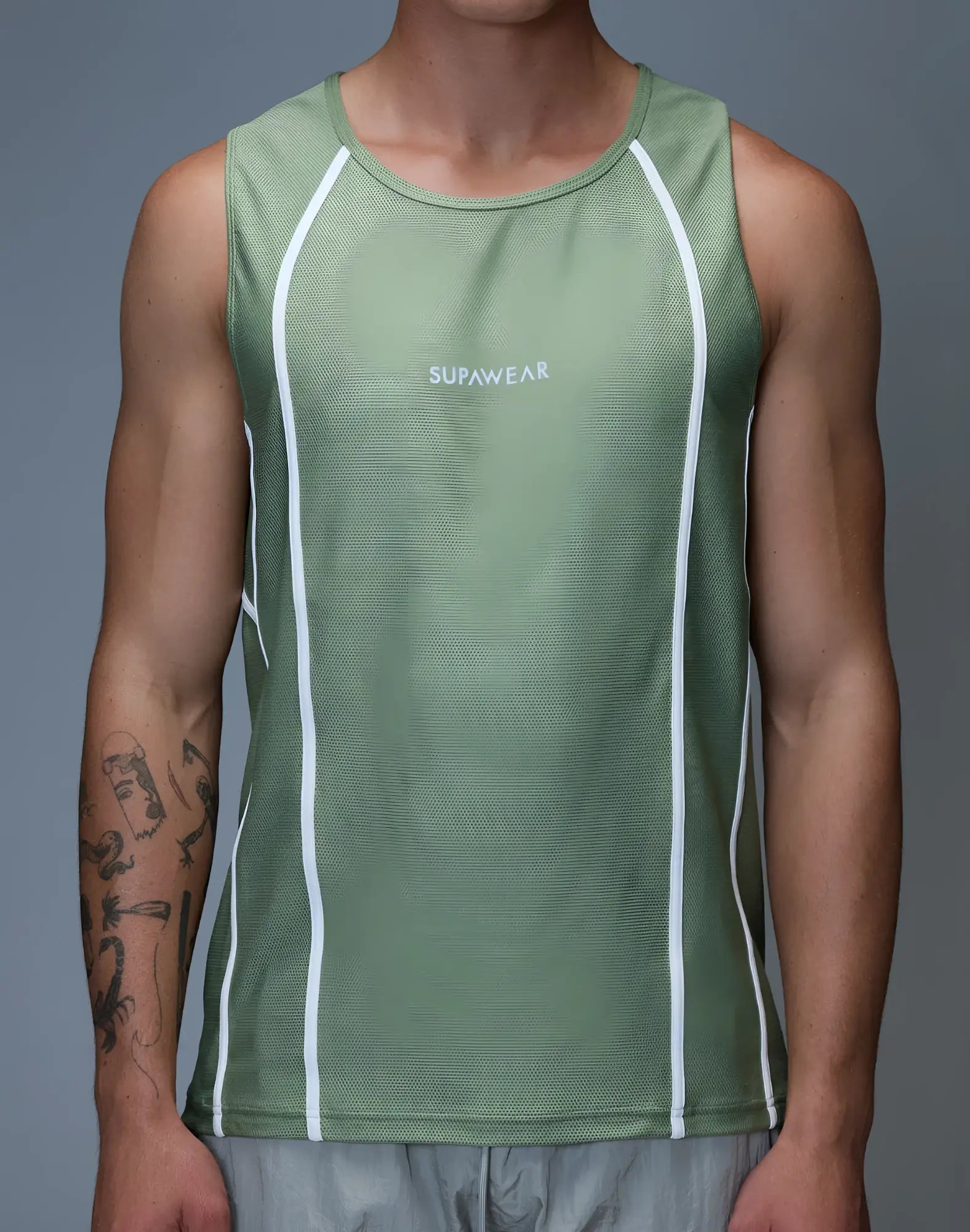Olive green mesh SUPAWEAR Airflow singlet with white vertical stripes and branding on the chest