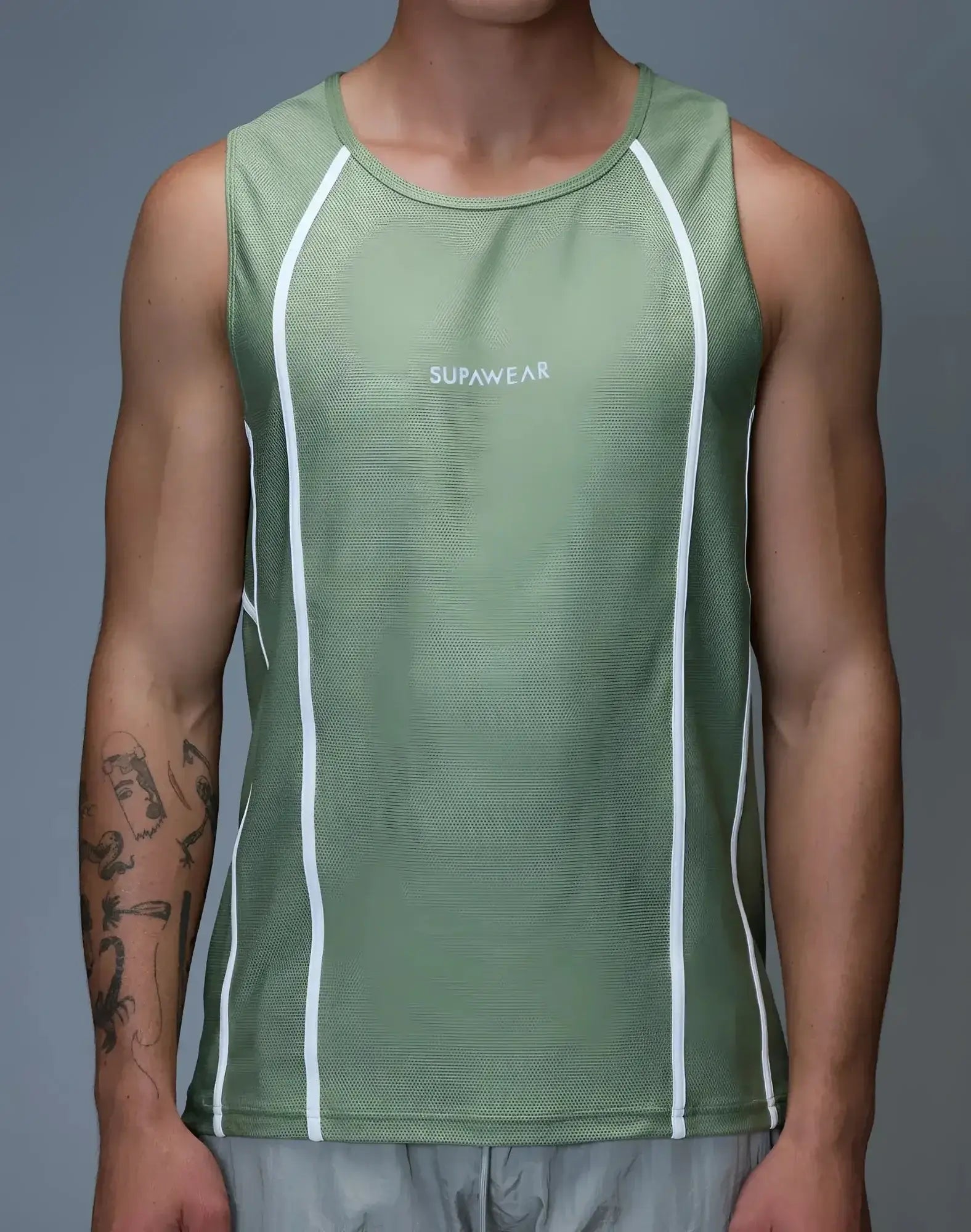 Olive green mesh SUPAWEAR Airflow singlet with white vertical stripes and branding on the chest