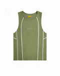 SupaWear airflow singlet green olive sleeveless tank top with white vertical seams and sunwear logo embroidery