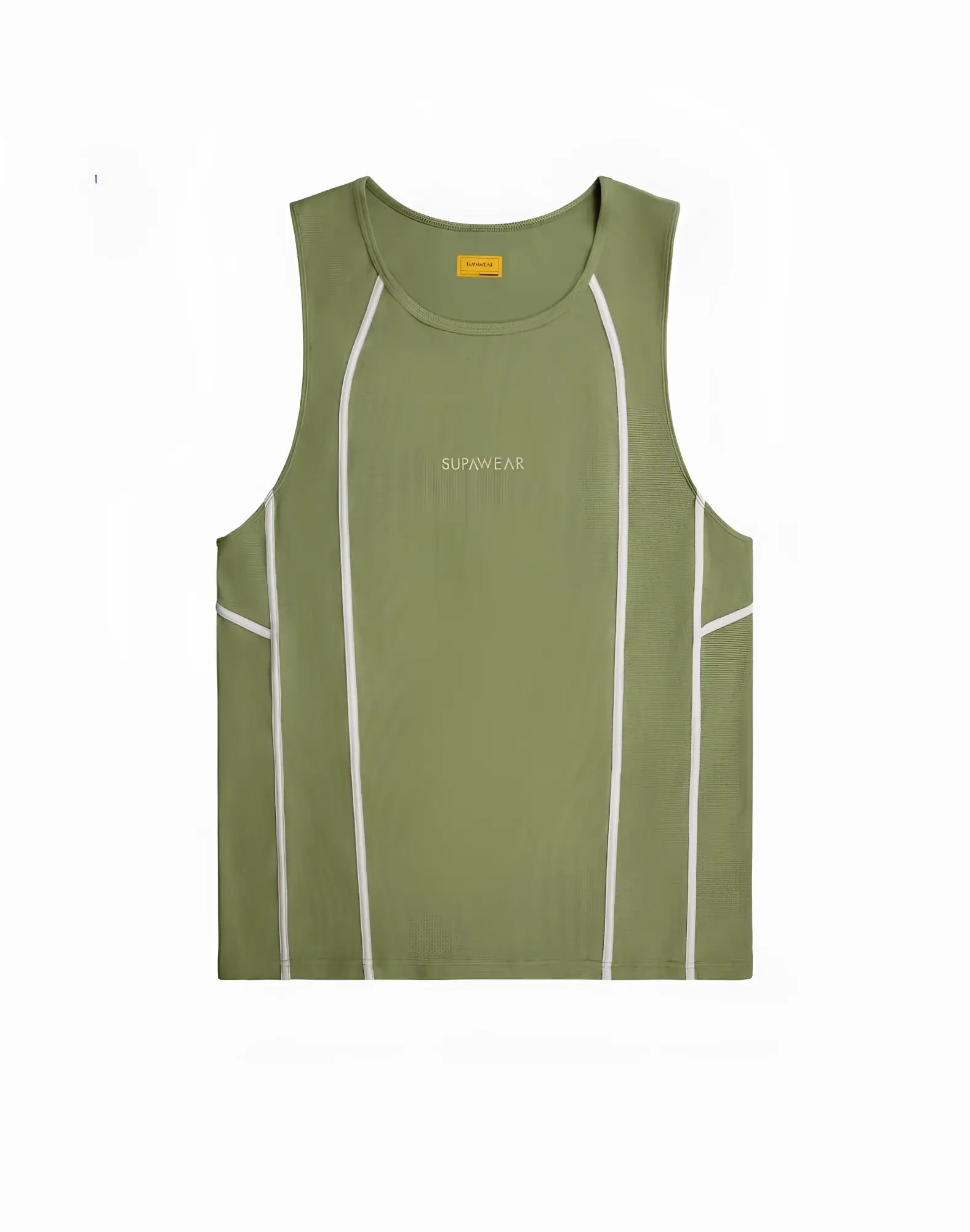 SupaWear airflow singlet green olive sleeveless tank top with white vertical seams and sunwear logo embroidery