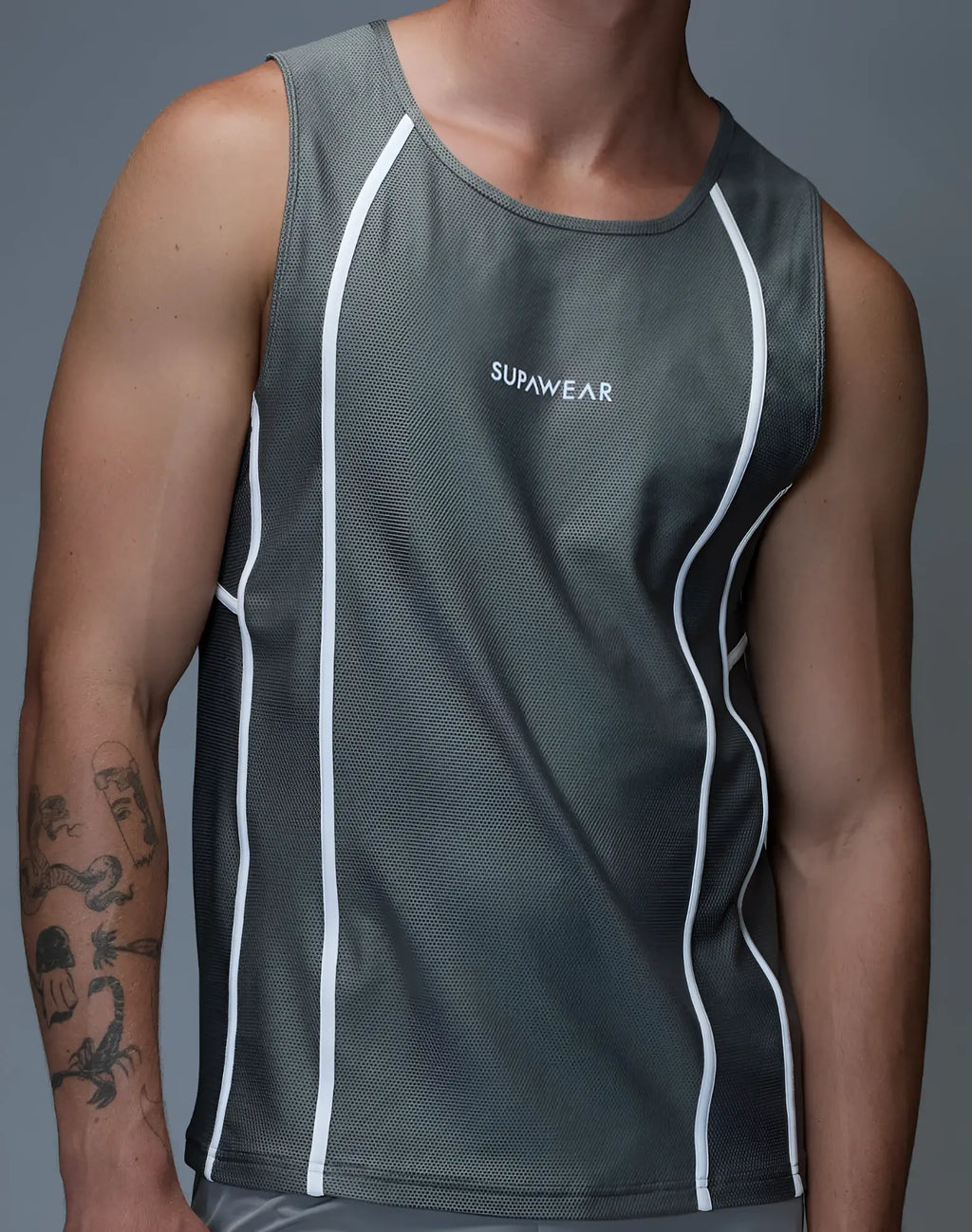 Gray mesh athletic tank top with white piping and supawear logo for breathable sportswear use