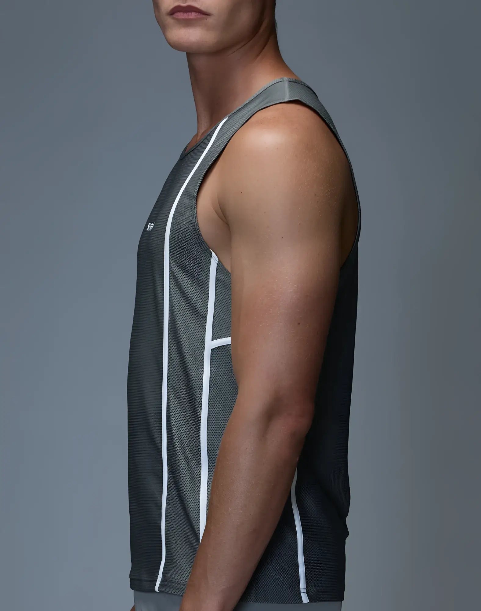 SupaWear airflow singlet grey athletic tank top with white vertical stripes and subtle textured fabric