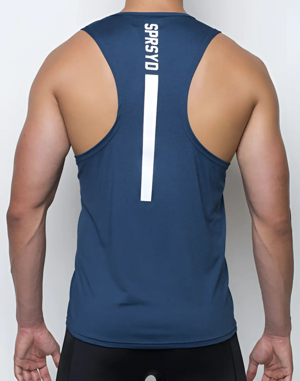 Back side of navy blue SUPAWEAR Breeze Singlet tank top with white vertical stripe and sprsyd branding for athletic use