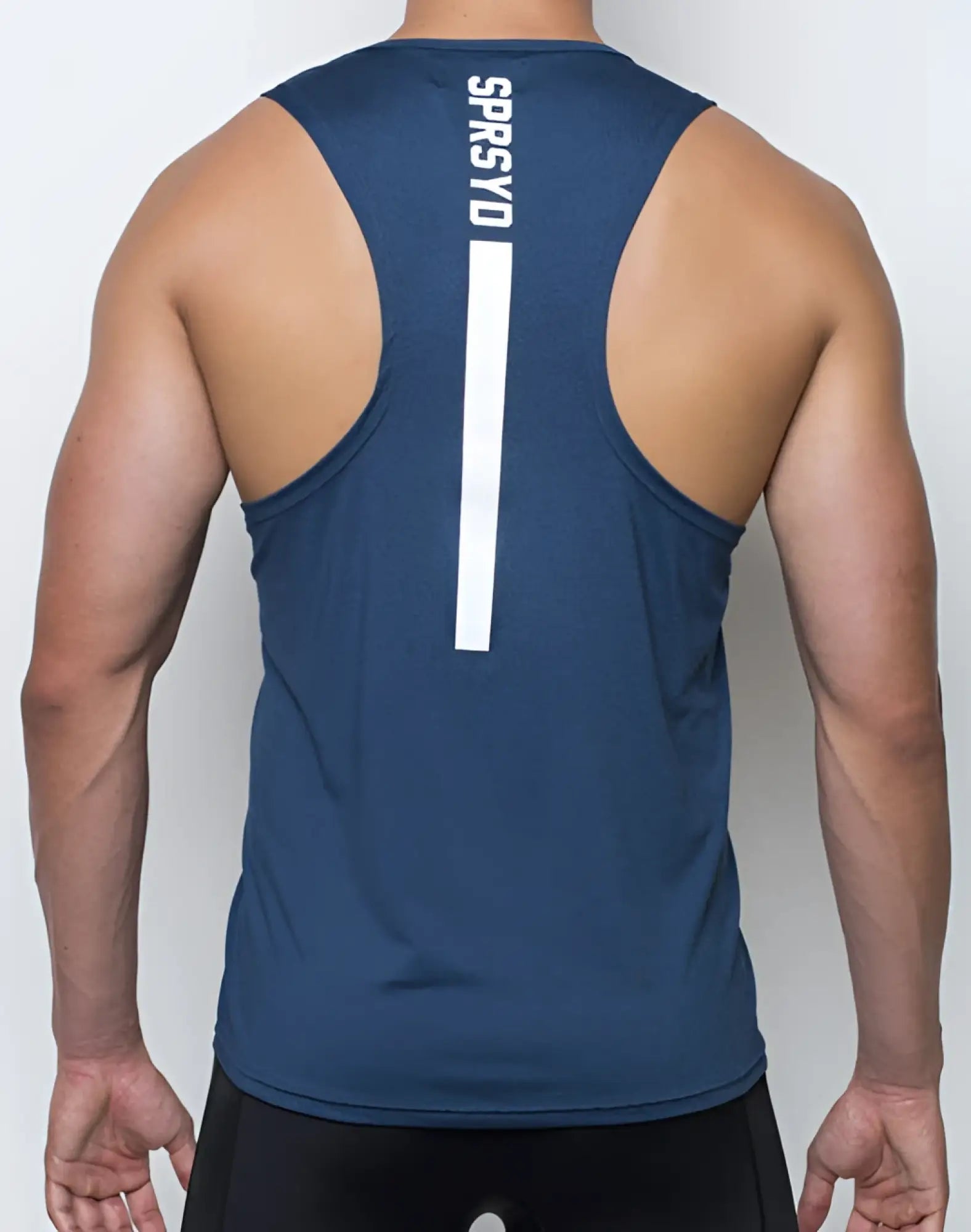 Back side of navy blue SUPAWEAR Breeze Singlet tank top with white vertical stripe and sprsyd branding for athletic use