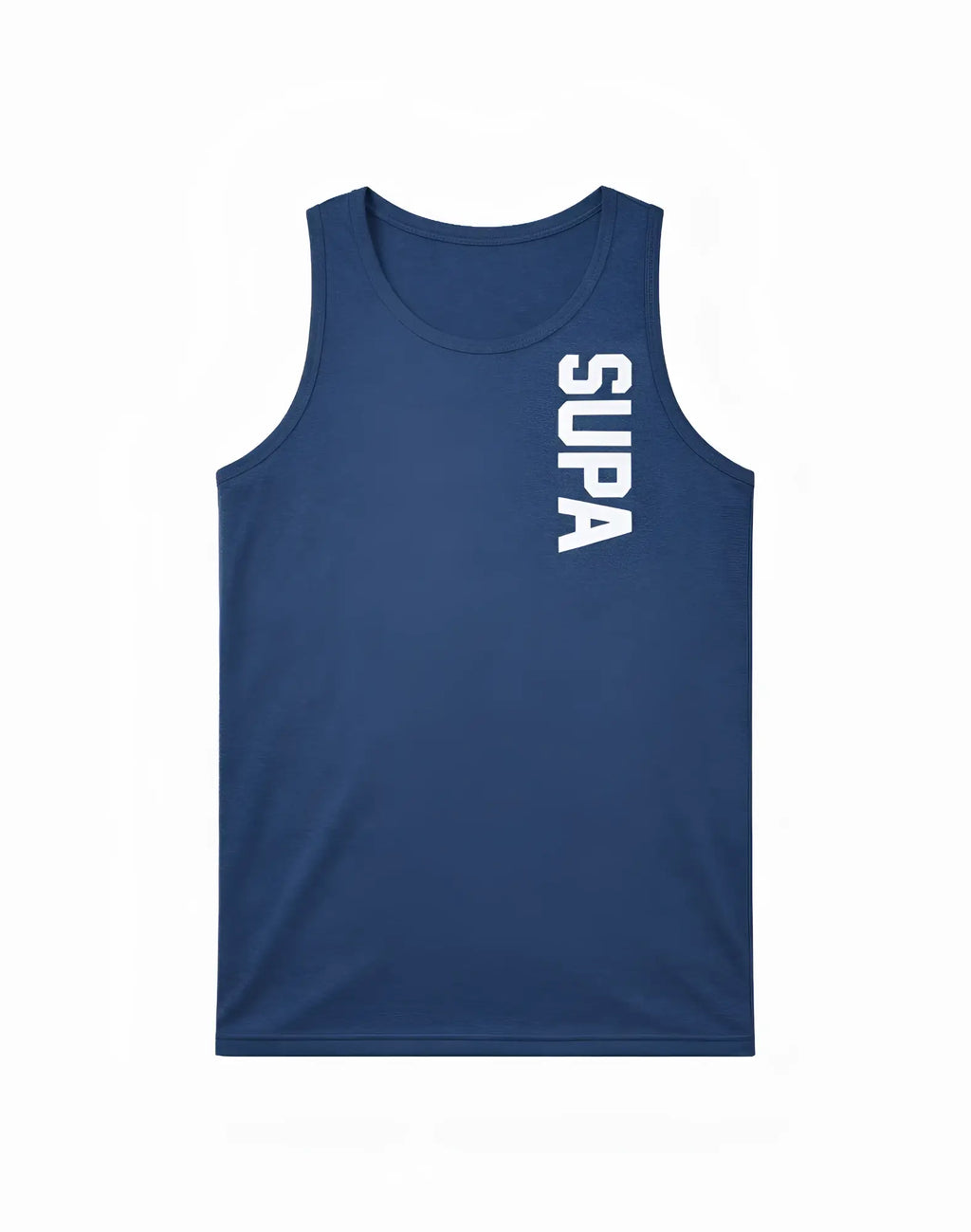 Navy blue supawear breeze singlet with white vertical lettering on left side made from breathable fabric