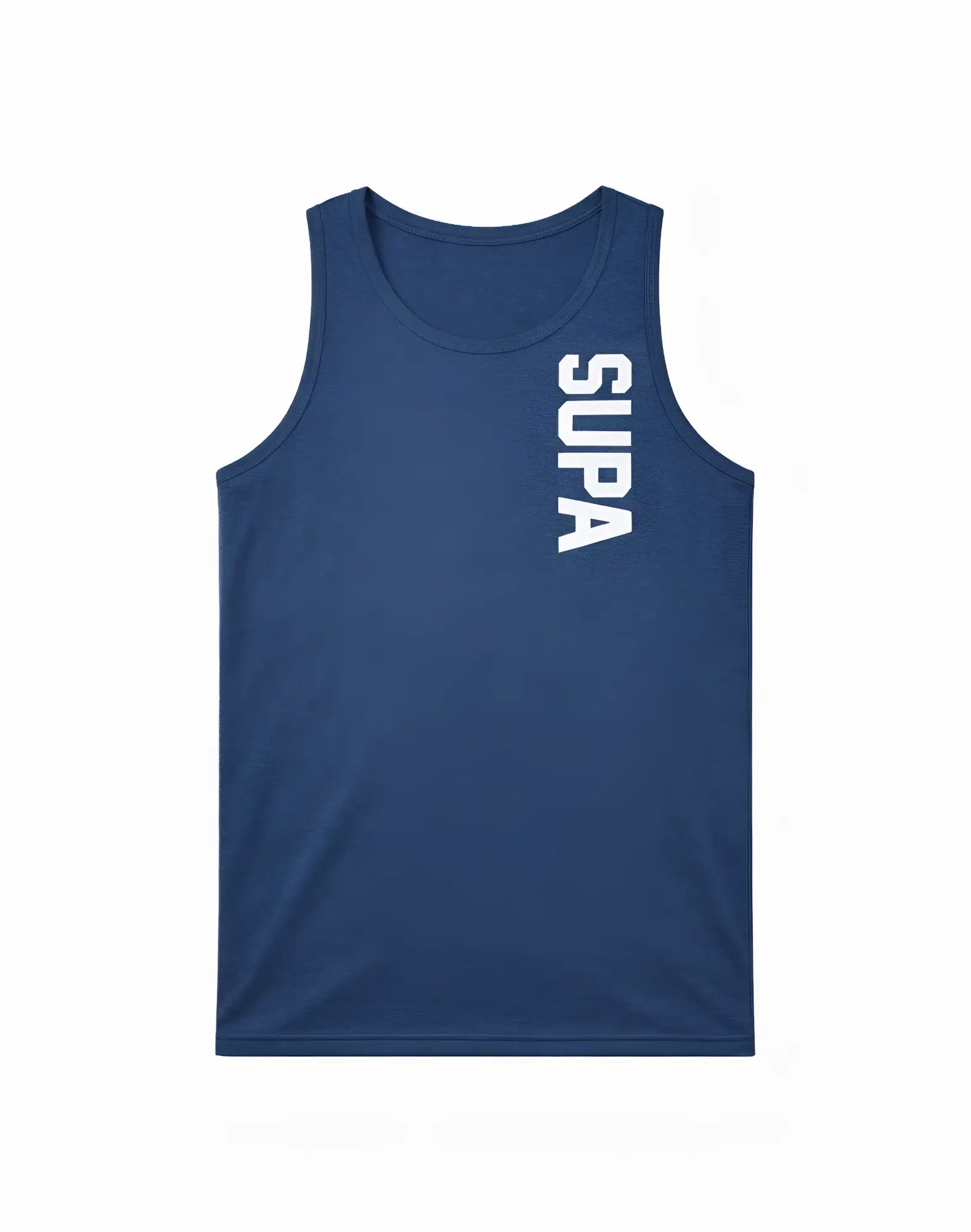 Navy blue supawear breeze singlet with white vertical lettering on left side made from breathable fabric