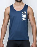 Navy blue SUPAWEAR Breeze singlet tank top with white vertical lettering on left side for activewear use