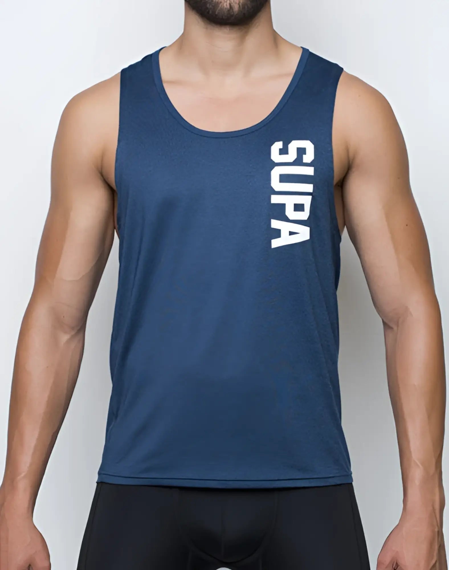 Navy blue SUPAWEAR Breeze singlet tank top with white vertical lettering on left side for activewear use