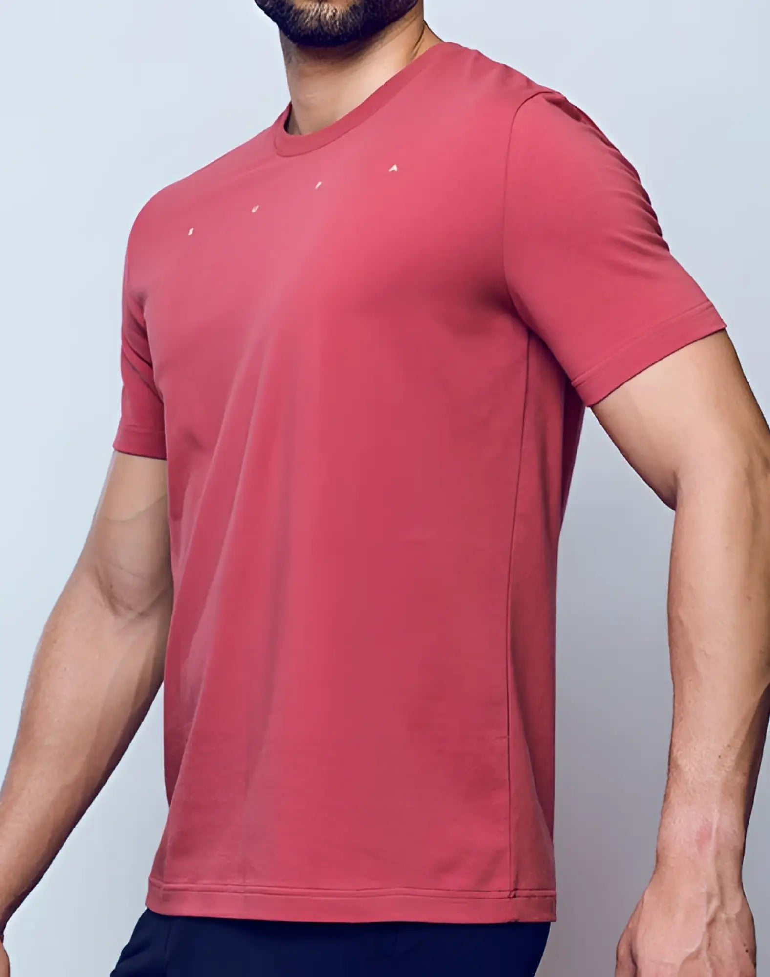 SupaWear classic short sleeve t-shirt in dusty cedar rose with subtle gold triangular embroidery on the chest