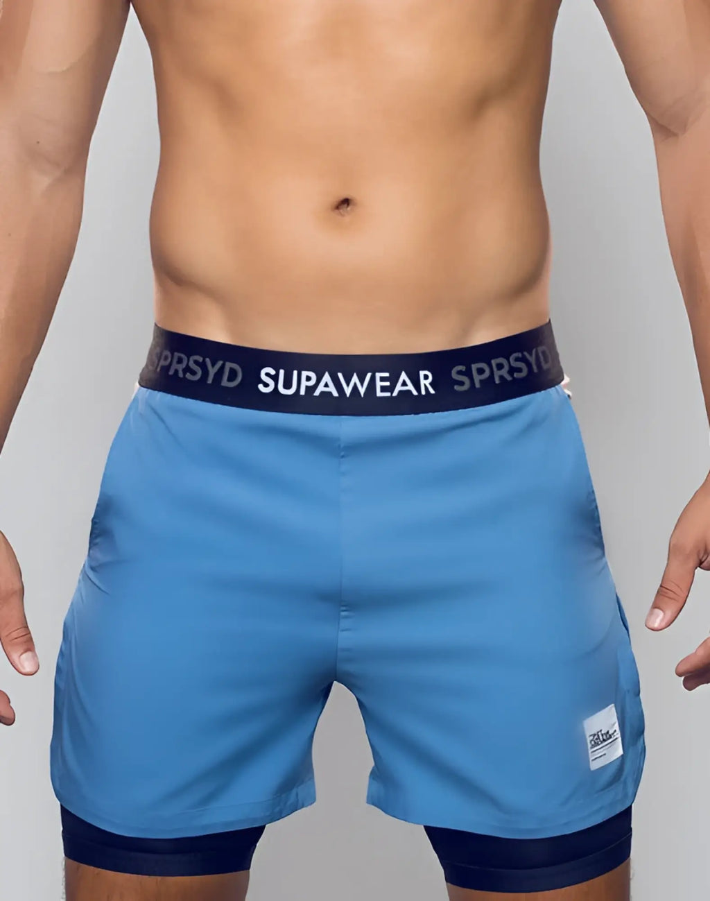 Blue supawear colour blocked lined athletic shorts with navy waistband and matching inner lining for active wear