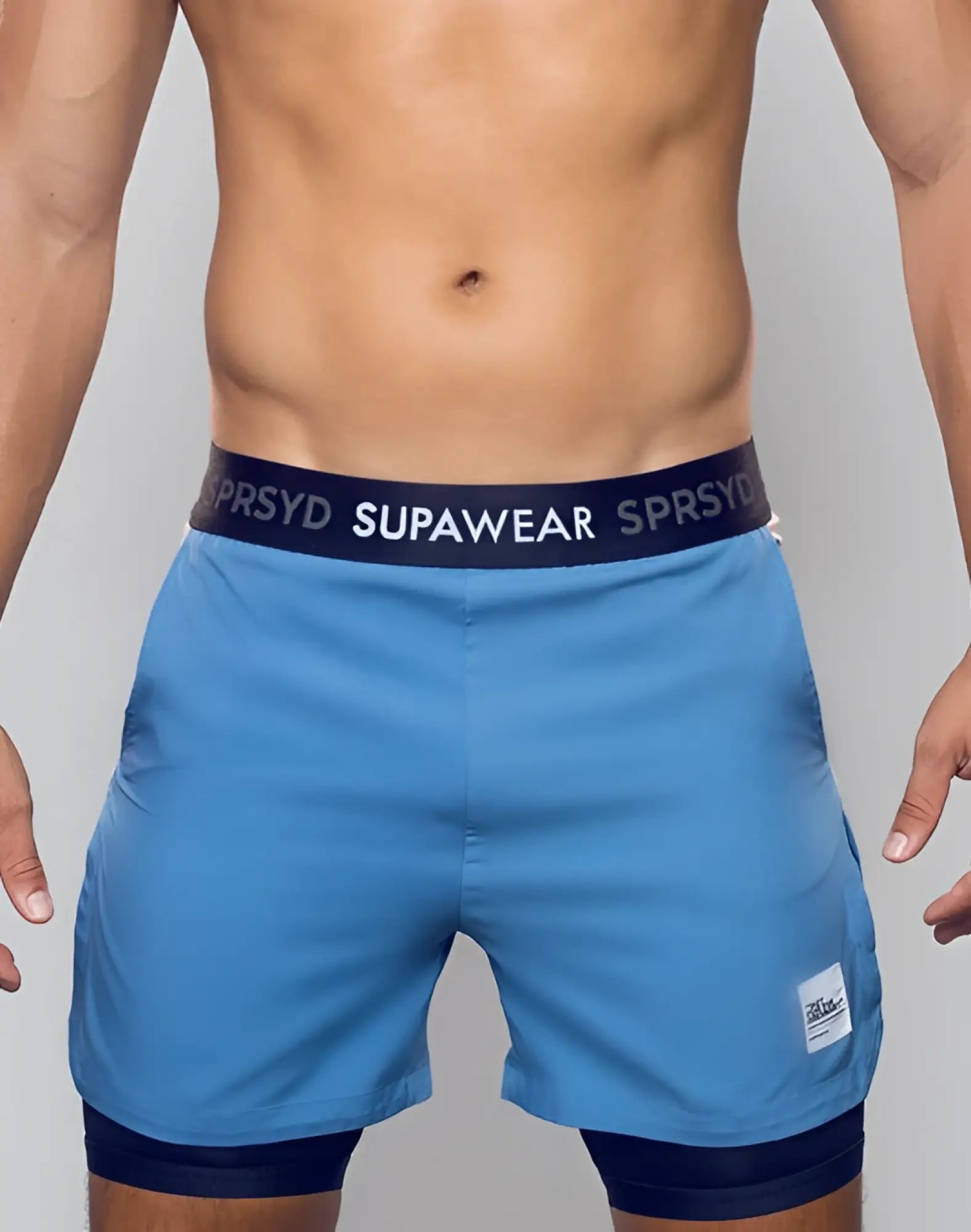 Blue supawear colour blocked lined athletic shorts with navy waistband and matching inner lining for active wear
