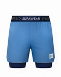 Light blue supawear colour blocked lined athletic shorts with navy waistband and matching inner layer for activewear