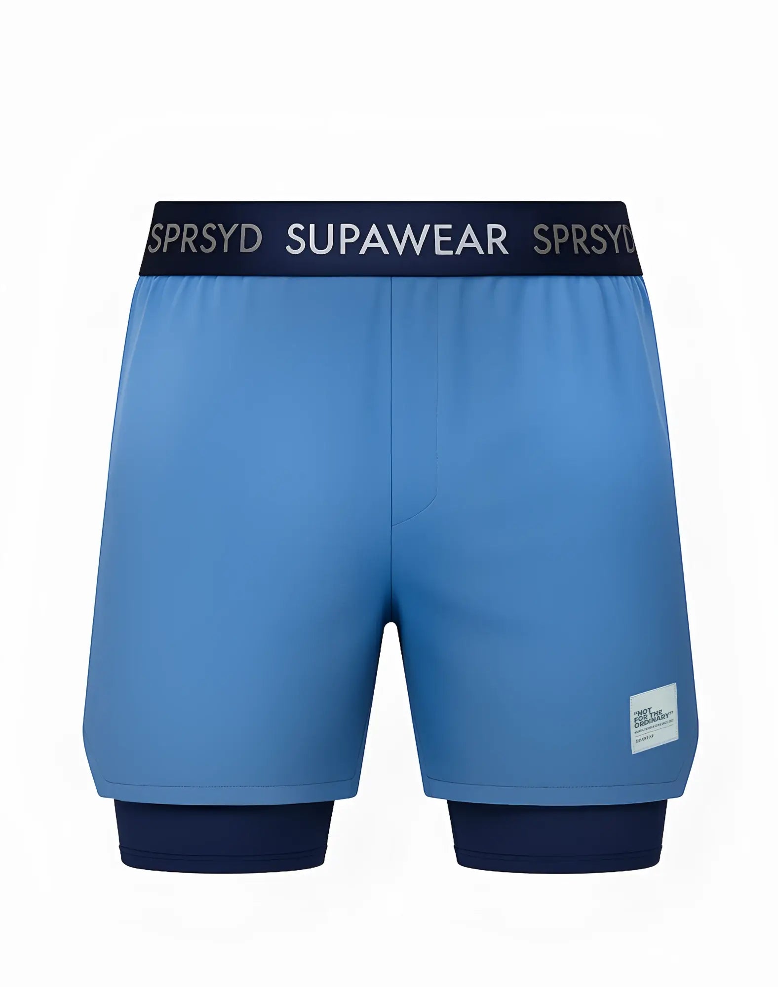 Light blue supawear colour blocked lined athletic shorts with navy waistband and matching inner layer for activewear