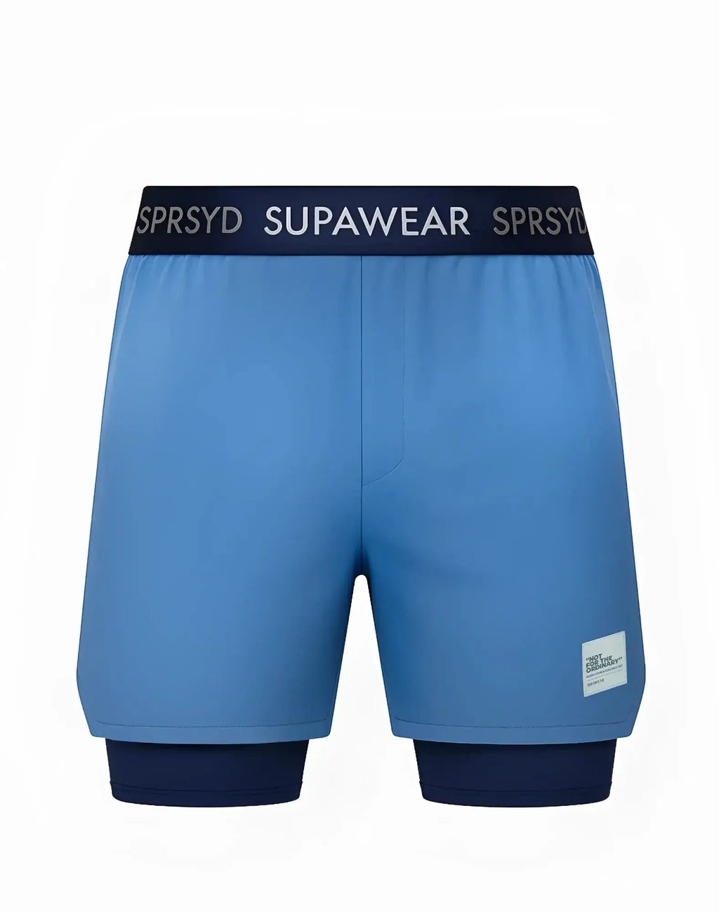 Light blue supawear colour blocked lined athletic shorts with navy waistband and matching inner layer for activewear